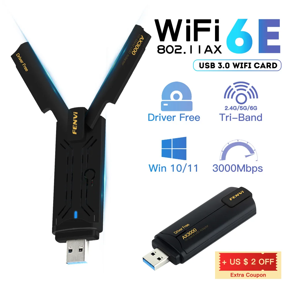 

Fenvi WiFi6E USB 3.0 Wi-Fi адаптер AX3000 трехдиапазонная беспроводная карта Wi-Fi ключ USB Wlan приемник для ноутбука/ПК Win10/11 драйвер бесплатно