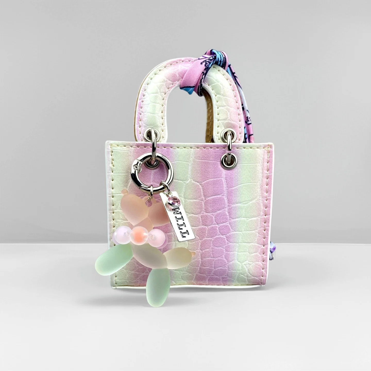 Mini PU-Leder Taschenanhänger, Regenbogenfarbene Mini-Tasche mit Farbverlauf-Ballonhund-Schlüsselanhänger-Set für Ohrhörer/Ladekabel/Geschenk – Detail 8