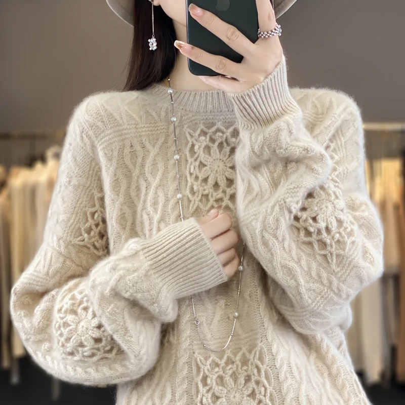 Autumn and Winter Women‘s Sweater O-Neck Long Sleeve Thick&Loose Knitwear Criss-Cross Floral Pullover Tops Female clothing