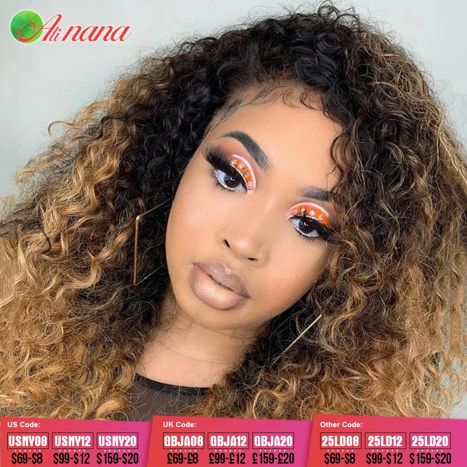 Mongolian Afro Kinky Curly Human Hair Wigs 13x4 Lace Frontal Wig For Women Pre-Plucked Thick Highlights Ombre 1B Blonde Colored