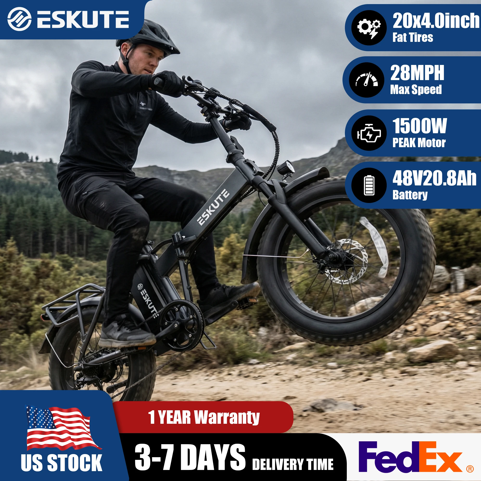 

Складной электровелосипед ESKUTE D300 – мотор 1200 Вт, толстые шины 20x4, аккумулятор 48В 20.8Ач, грузовой складной электровелосипед, складной велосипед