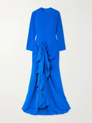 Customized Round Neckline Long Sleeveless Crepe Evening Dress Elegant Back Zipper Floor Length Sweep Train Gown For Women 2024