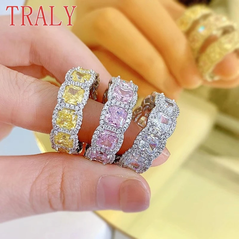 

925 Sterling Silver Ring for Women Radiant Cut Yellow Coloured Gemstone Row Rings Wedding Band Party Luxury Jewelry Gift