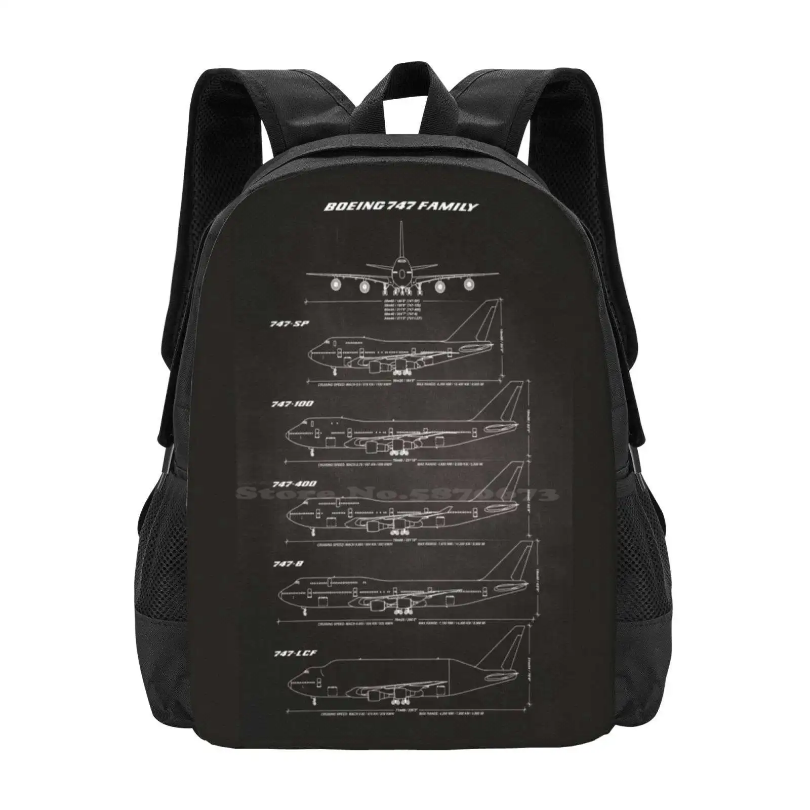 

Boeing 747 Family Blueprint ( Black ) Pattern Design Bagpack School Bags Boeing Jumbojet Jumbo Jet 747 Sp 747 100 747 400 747