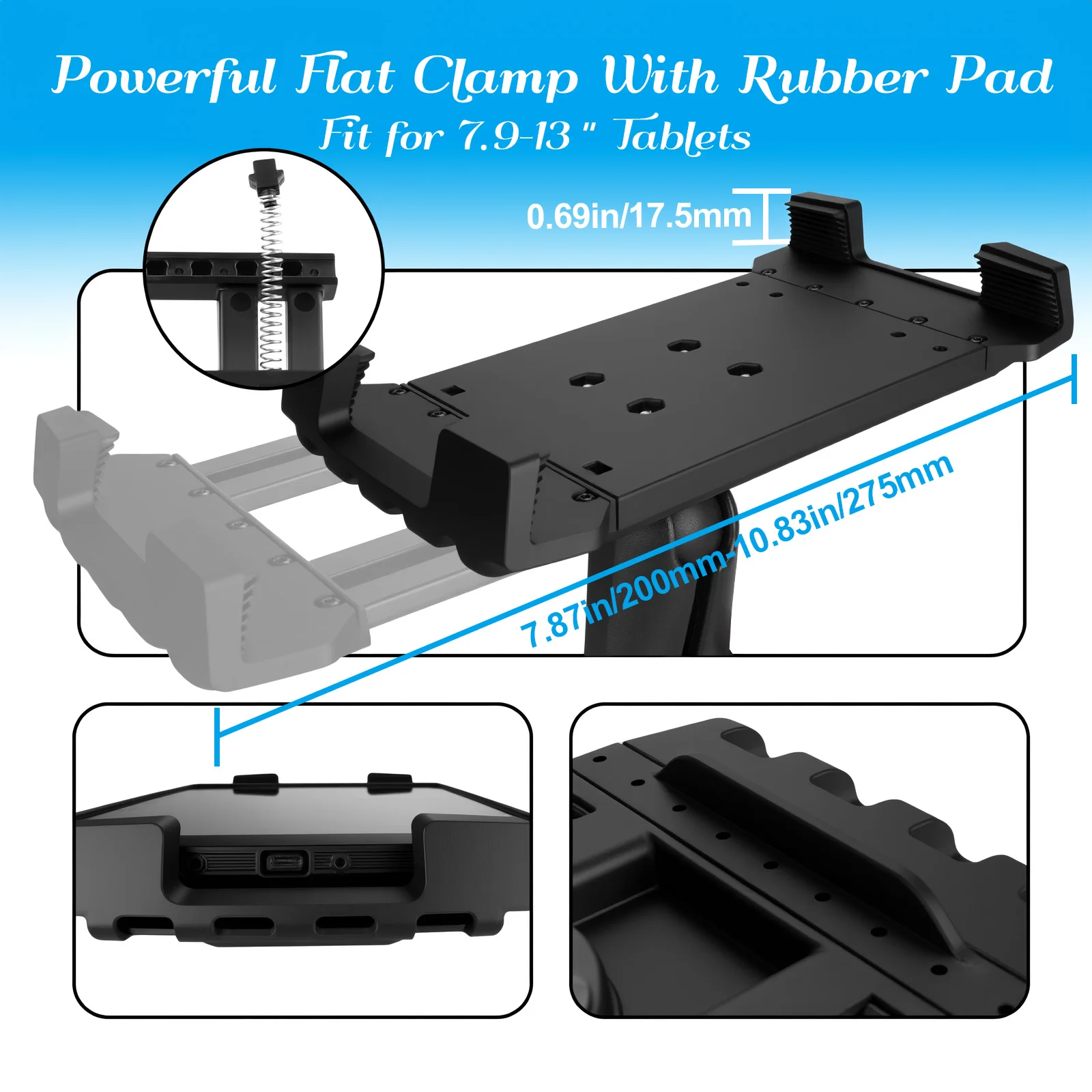 Foldable universal clip-on tablet stand, suitable for 8-13 inch tablets, with 15CM aluminum arm and 7-hole round ball head base