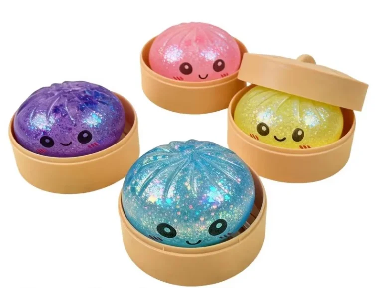 Steamed Bun Squeeze Toy Simulation Bao Stress Relief Fidget Toy with Beads Sparkles Soft Squishy Sensory Decompression Accessory