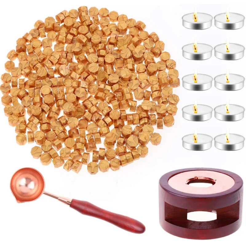 Wax Seal Set Includes 200 Gold Wax Seal Beads, 1 Wax Seal Warmer, 1 Wax Spoon And 10 White Tealight Candles For Wax Seals