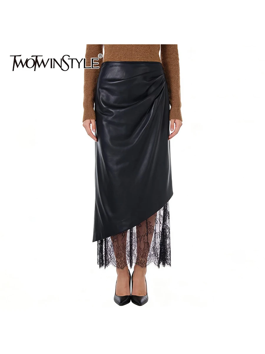 

TWOTWINSTYLE однотонные утягивающие кожаные юбки с гофрировкой для женщин, лоскутная кружевная модная юбка с высокой талией, женская одежда, новинка