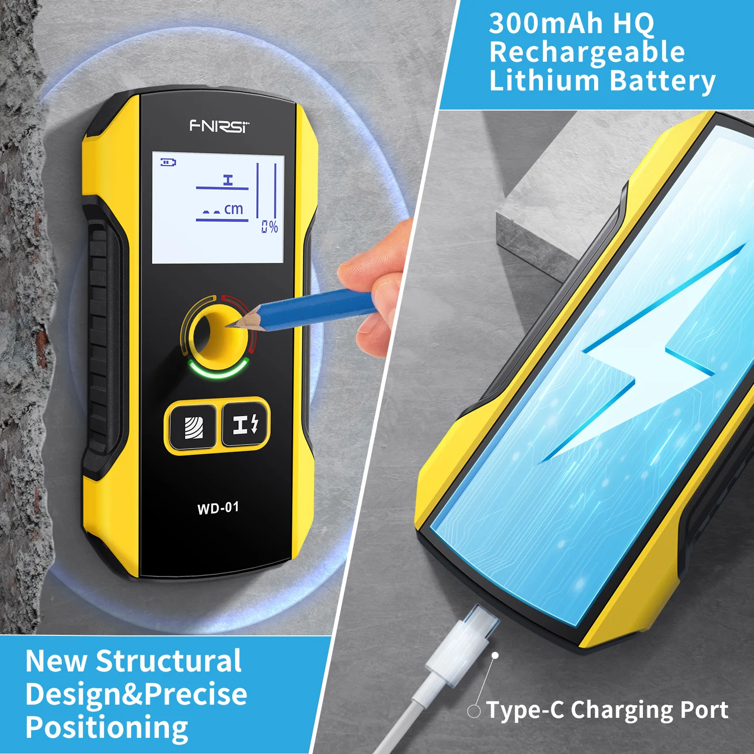 FNIRSI WD-01 WD-02 Metal Detector Wall Scanner with Newly Designed Positioning Hole for AC Live Cable Wires Metal Wood Stud Find