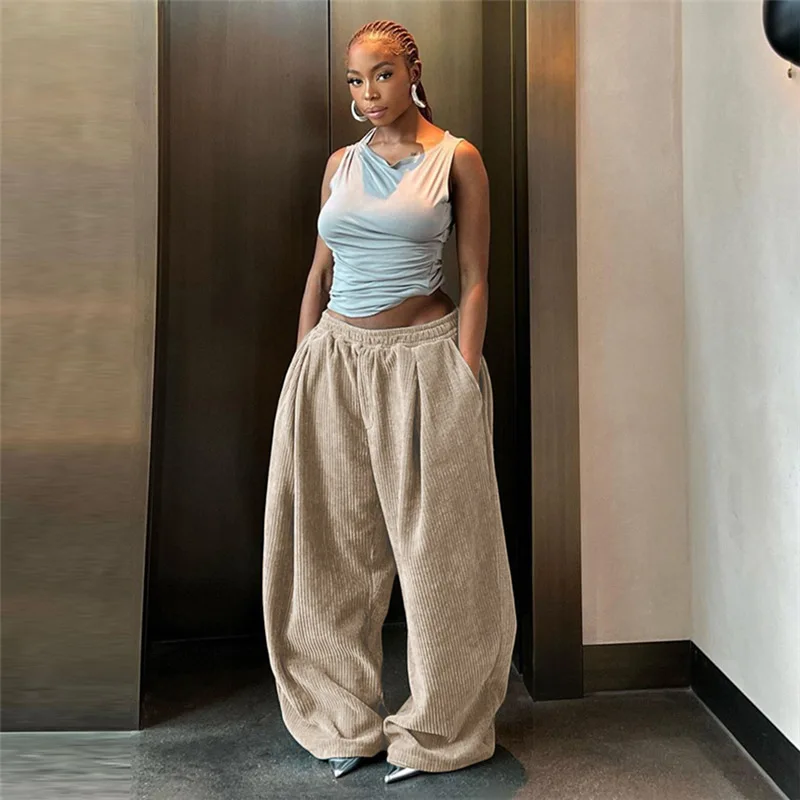

2025 Y2K Casual Wide-Leg Pants Women Autumn Loose Simple Basic Pocket High Waist Trousers Corduroy Streetwear Long Bottoms New