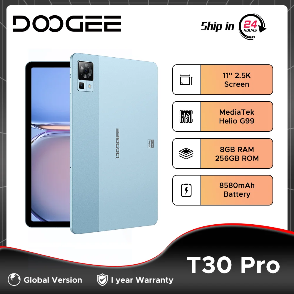 DOOGEE Tablet PC T30 Pro 11 "2.5K AplicaçãoV Certificado Display 8GB 256GB Helio G99 8580mAh Alto-falantes Quad de alta resolução Câmera principal de 20MP