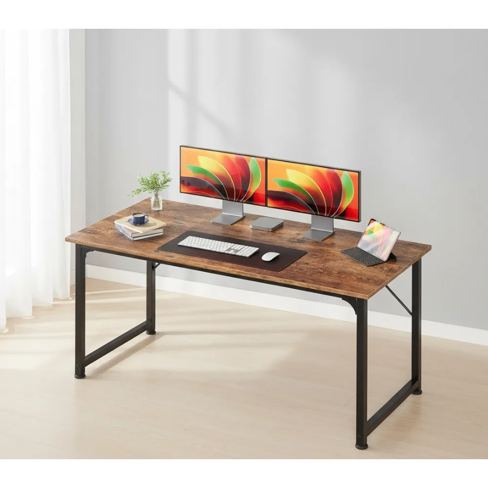 55 Inch Large Computer Desk, Home Office Gaming Writing Study Desk with Sturdy Metal Frame, Modern Simple Rustic Brown