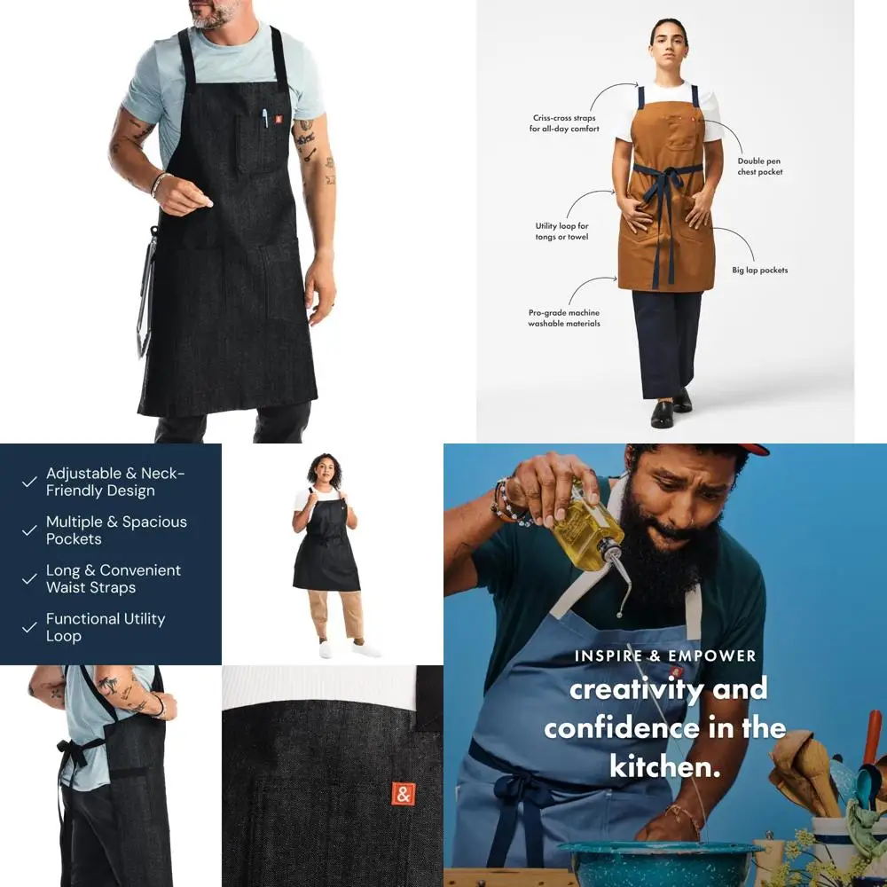 

Cotton Denim Chef Apron with Pockets - 8oz, Abalone Black, Crossback Style, 100% Cotton, Kitchen Utility