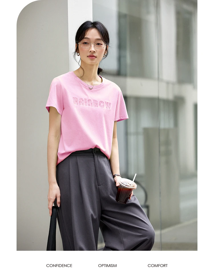 VIMLY Women Short Sleeve T-shirt 2025 Summer Tops Woman Cotton Blend Tees Female Letter Embroidered T Shirt Ladies Clothes A1109