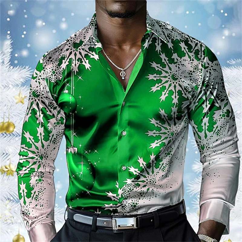 Men's shirt, party party Christmas scene print, casual long-sleeved shirt, lapel button snowflake pattern, party wear xs-6xl