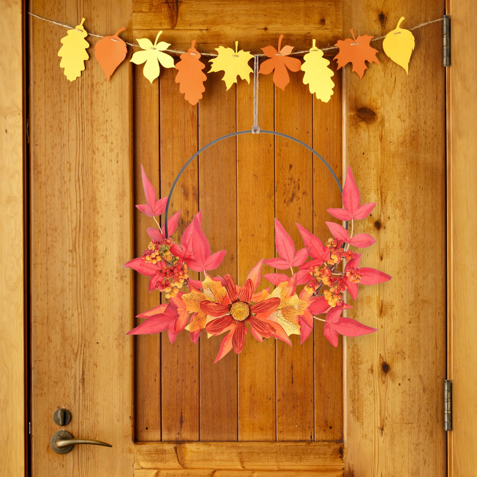 

1Pcs Simulated Maple Leaf Wreath Fine Workmanship Hanging Wall Garland for Door Garden Fence Thanksgiving Decorative Pendant