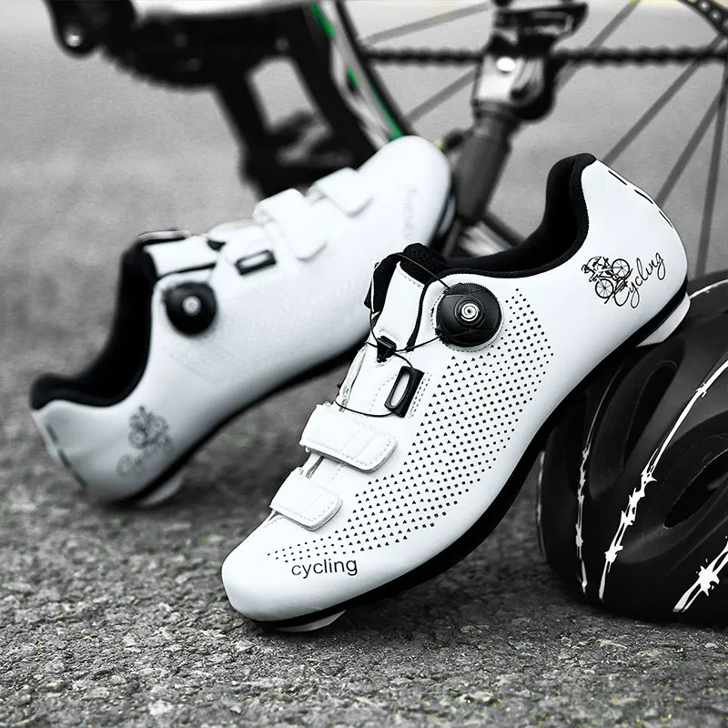 Road Cycling Shoes Men Speed Cycling Sneaker Cleat Shoes Spd Cycling Flat Pedal Shoes Bike Outdoor Footwear Self-Locking White