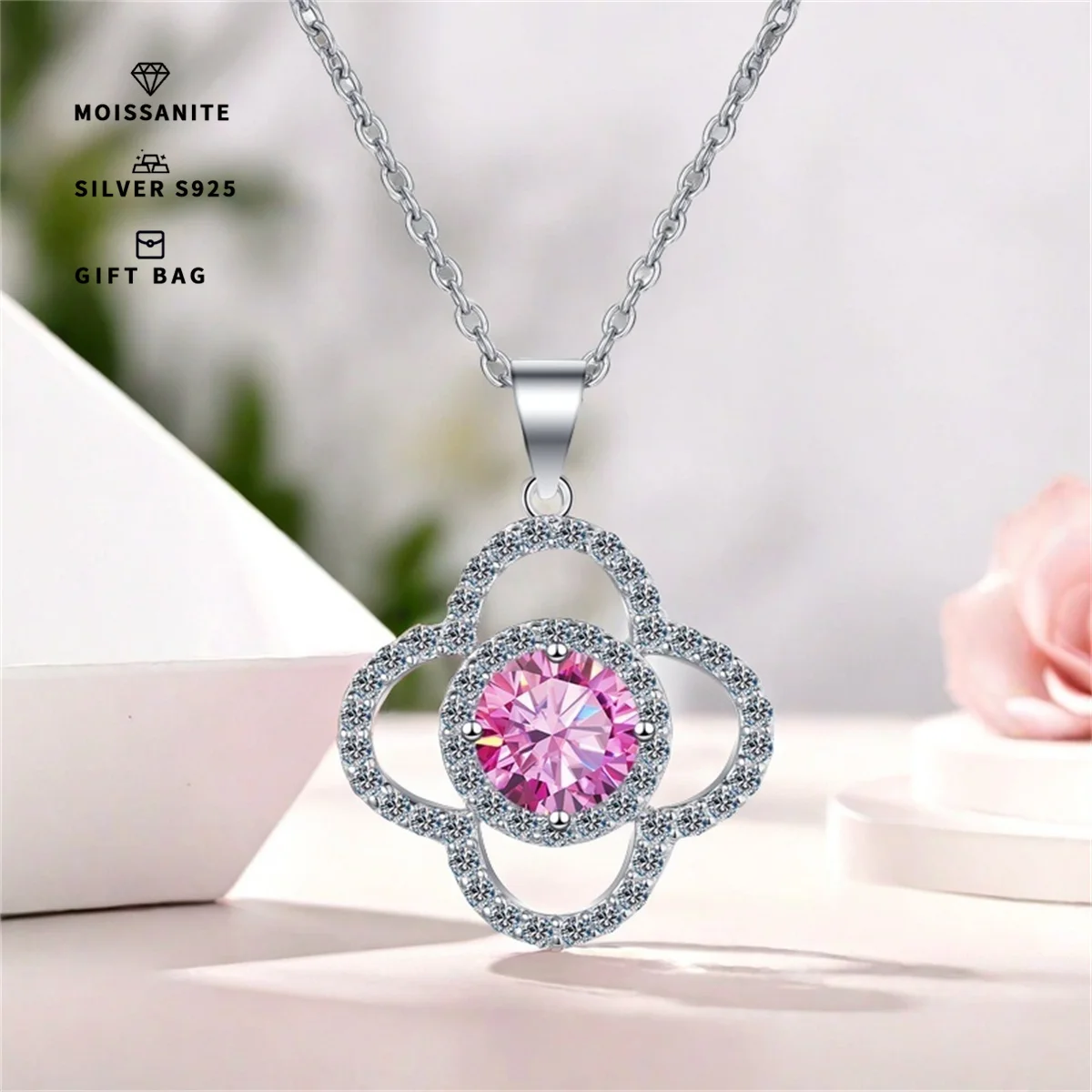 

Серебро S925, платиновое покрытие, инкрустированное розовым муассанитом GRA, круглый кулон с четырьмя листами клевера, ожерелье-цепочка на ключицу для женщин