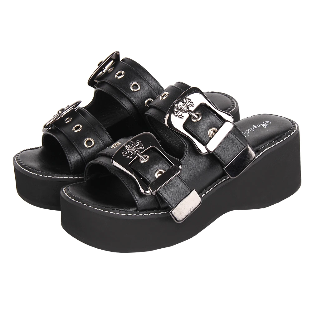 

2023 Summer Women's Sandals Open Toe Thick Sole Lorita Anime Skull Metal Buckle Punk Cosplay Shoes Large Size Sandals Slippers