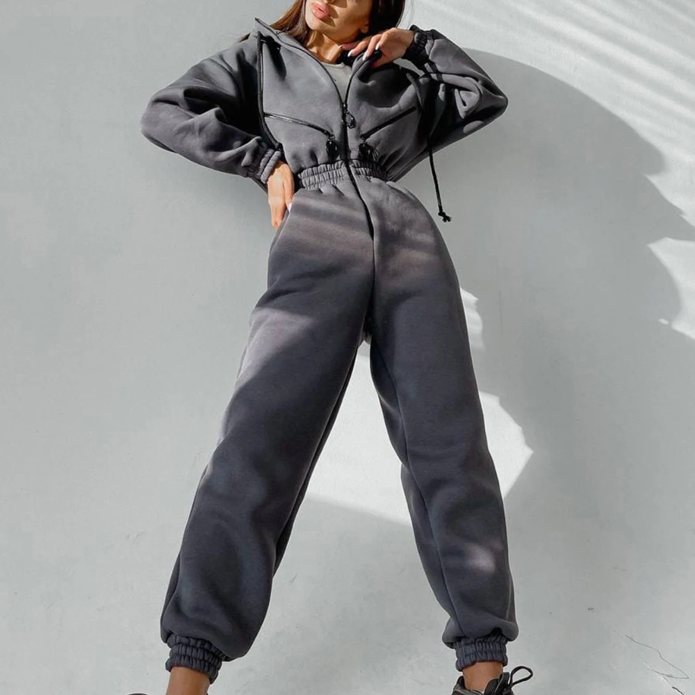 TWOTWINSTYLE Solid Minimalist Jumpsuits Set For Women Hooded Long Sleeve Spliced Zipper Tops High Waist Pant Chic  Set Female