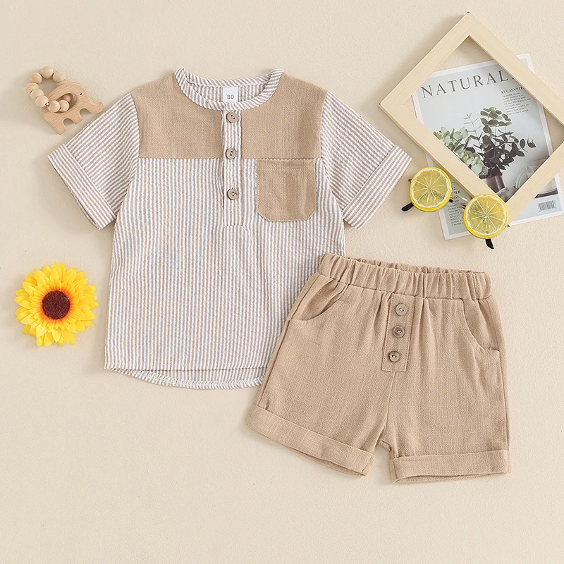 2024-03-09 Lioraitiin Toddler Boys Summer Outfits Striped Print Short Sleeve T-Shirt and Elastic Shorts Vacation Clothes Set