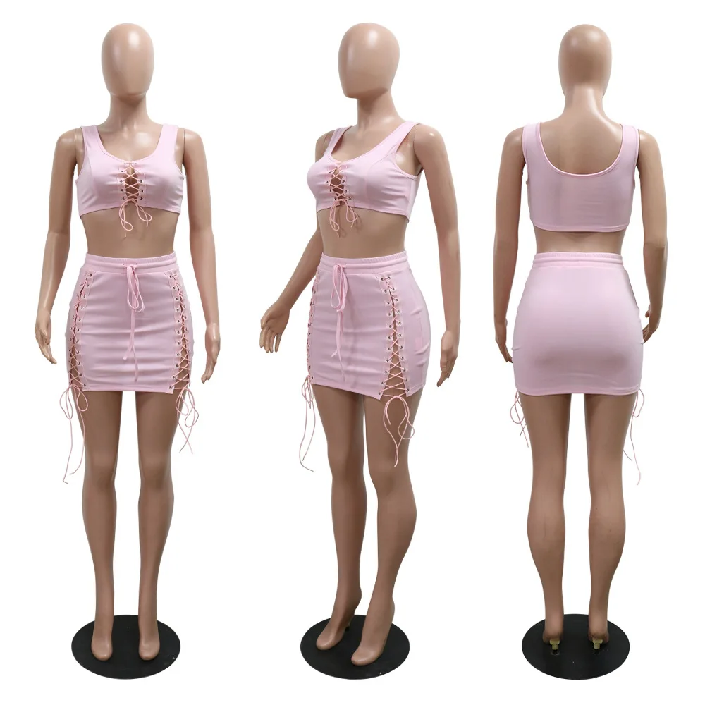 Fitness Women 2 Piece Set Solid Bandage Crop Top and Mini Skirts Matching Set 2024 Summer Streetwear Sexy Club Party Tracksuits