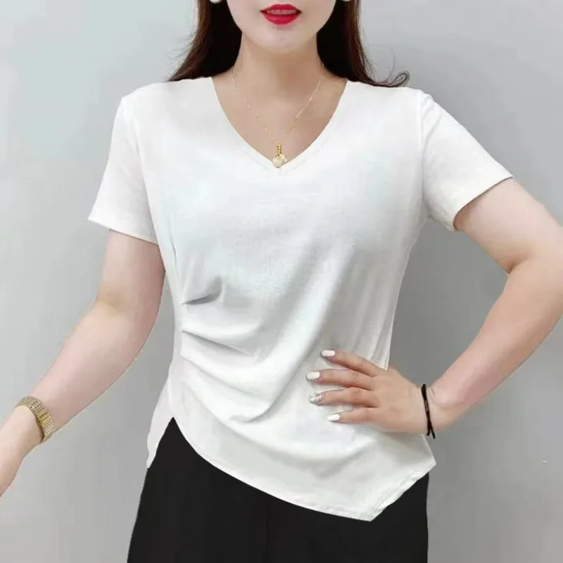 Summer New Elegant Fashion V-neck Short Sleeved T-shirt Women\'s Solid Asymmetric Patchwork Slim Versatile Folds Pure Cotton Top