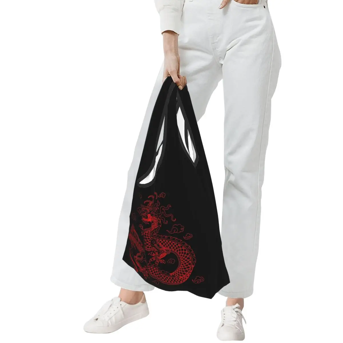 التنين الصيني الأحمر المحمولة حمل أكياس التسوق سعة كبيرة حقيبة المتسوق البقالة حقيبة يد حقيبة الكتف