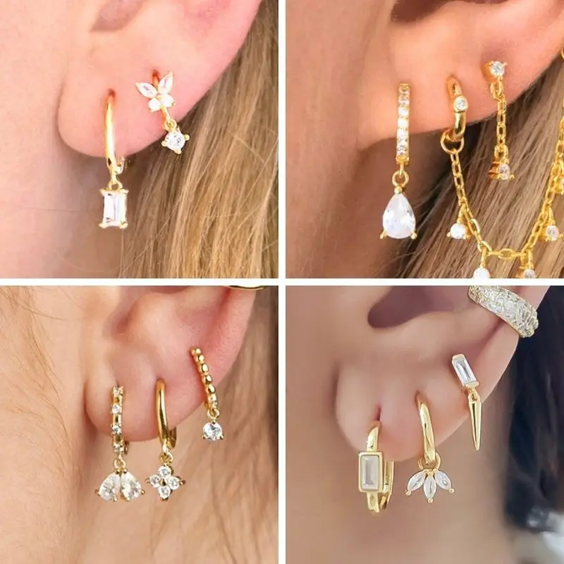 925 Sterling Silver Needle Colorful Zirconia Water Drop/Heart Pendant Earrings Fashion Gold Silver Hoop Earrings Women's Jewelry