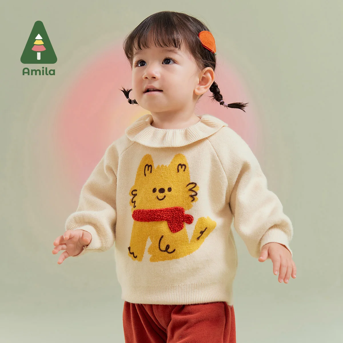 

Amila Baby Girl Sweaters 2024 Winter New Multicolour Doll Collar Fleecing Puff Sleeve Soft Cosy Baby Clothing