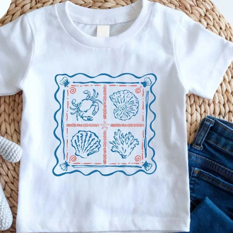 Vintage Sea Life Stamps T Shirt  Men's Women Top Tee Casual Trendy Oversized Loose O-Neck Unisex Cotton Spring Summer