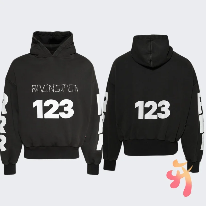 ملابس الشارع الأمريكية المطرزة بأحرف RRR123 هوديس المتضخم 123 جرافيتي طباعة هودي غسلها بلوزات سوداء الرجال النساء #6