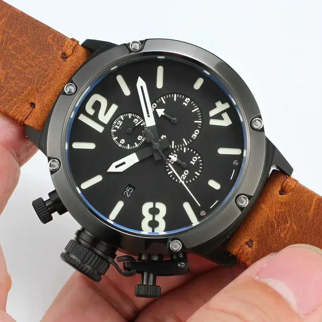 ساعة كوارتز كرونوغراف U فاخرة جديدة للرجال U72 Chimera Brown Black Leather Boat Reloj Hombre