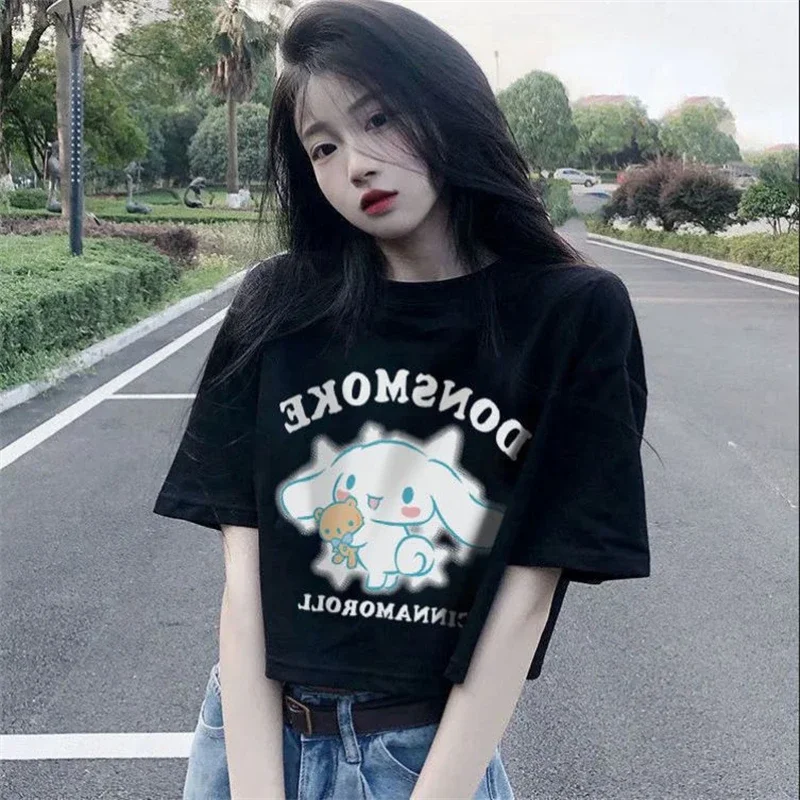 Cinnamoroll Kawaii Cartoon Crop T Shirt Girls Y2K Sanrio Cartoon Summer T-shirt Harajuku Ullzang 90s Tshirt Summer Top Tee Women