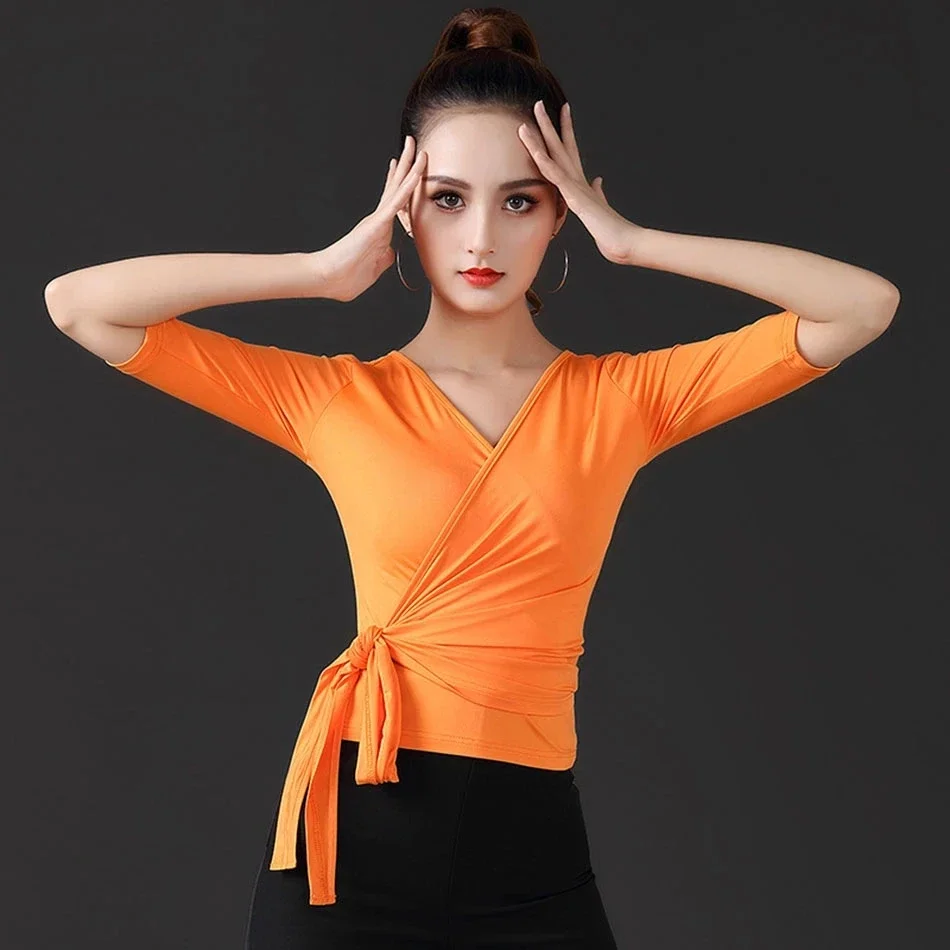 Vrouwelijke Diepe V-riem Ballroom Dans Kostuum Doek vrouwen Tango Chacha Oefenshirt Dame Halve Mouwen Latin Dansen Tops