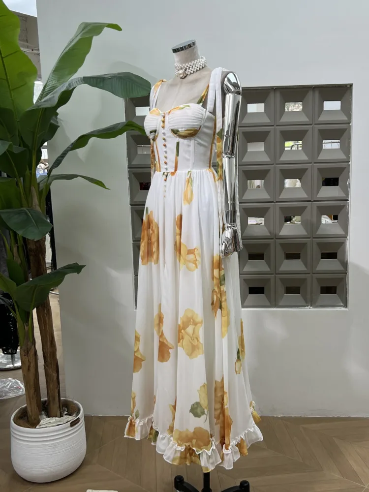 DFDG 2025 Damska Letnia Sukienka z Kwiatowym Nadrukiem, Rozkloszowana, z Wysokim Rozcięciem i Regulowanymi Ramiączkami, Styl Boho Chic, Sukienki Wieczorowe na Plażę