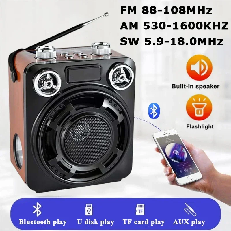 

FM AM SW Radio Strong Signal Radio Receiver Bluetooth Speaker with Flashlight TF USB MP3 Music Player Rechargeable Mini Portable