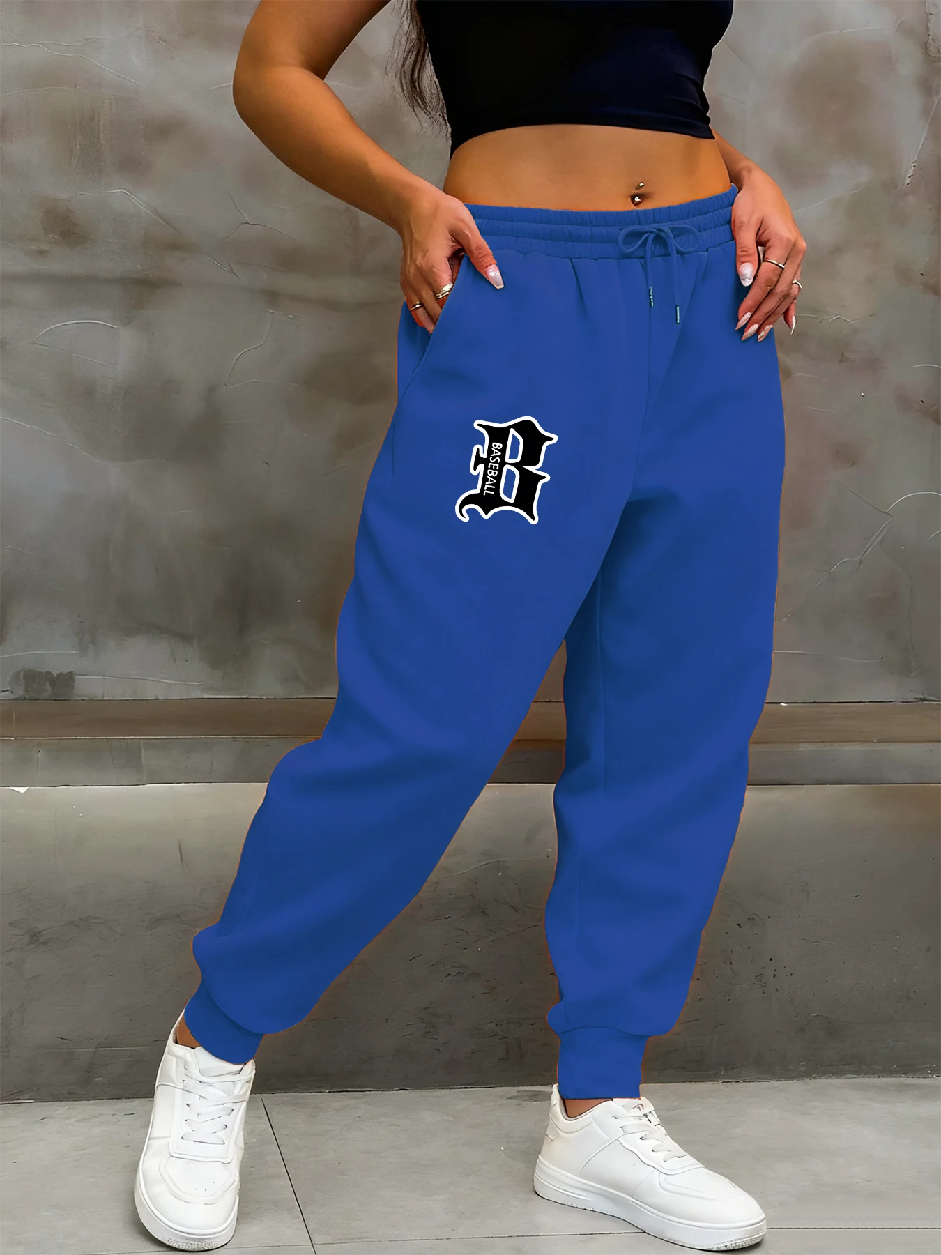 

Женские брюки с бейсбольным принтом буквы B, брюки для бега с карманами, повседневные осенние женские брюки, модные теплые флисовые спортивные штаны