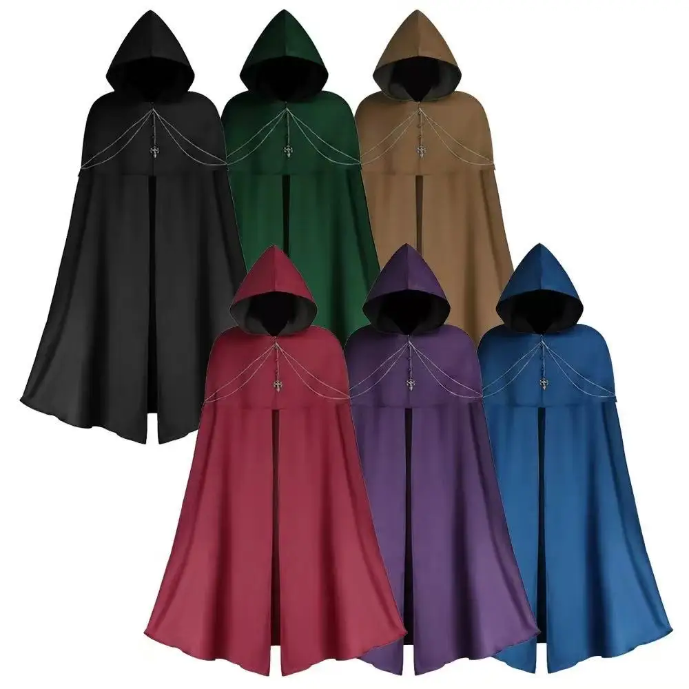 

Medieval Knight Black Cloak Victorian Royal Coat Metal Chain Steampunk Red Purple Green Cape Adult Halloween Cosplay Costume
