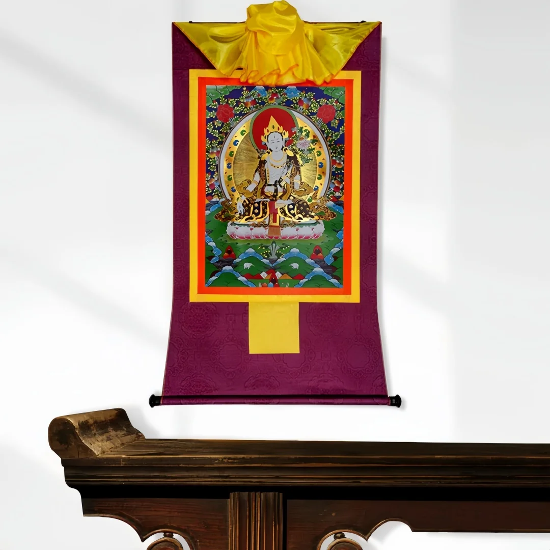 White Tara Bodhisattva Thangka Wall Art Tibetan Brocade Hanging Home Decor