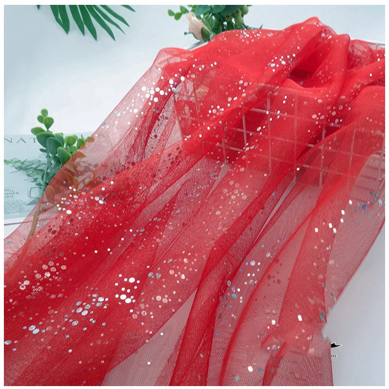 Tulle Fabric Sequins By The Meter for Clothes Wedding Dresses Diy Sewing Dots Mesh Yarn Fashion Thin Summer Soft White Red Cloth