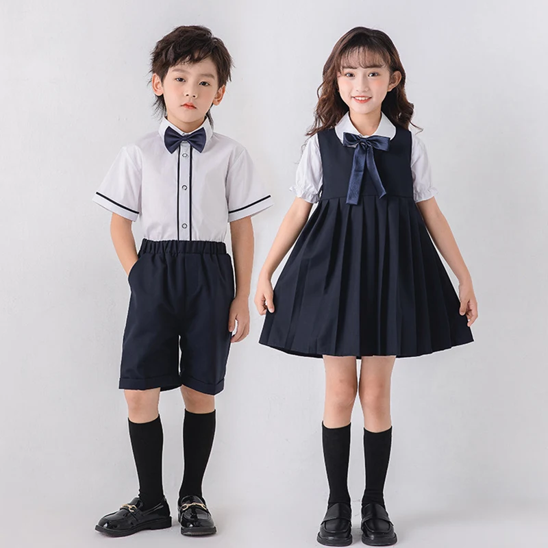 

School Uniform Kids Formal Clothes Sets College Boys Shirt Shorts Girls Dress British Style Clothes Student Performance Outfit