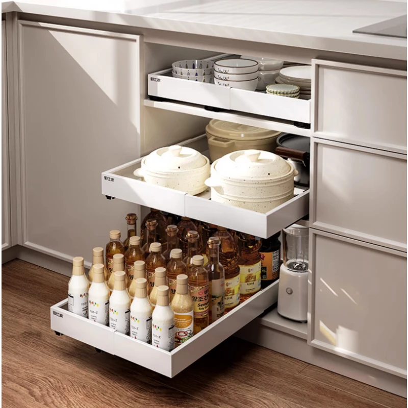 

Scalable Kitchen Storage Rack with Slide Rails Drawer Type Storage Basket Seasoning Bottle Pots Storage Shelf Cabinets Organizer