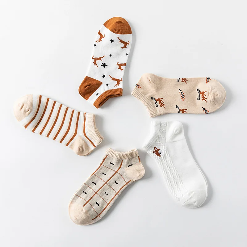 5 Pairs  Women Sock Spring Autumn Fashion Cartoon Deer Fox Harajuku Kawaii Cute Girl Happy Funny Boat Socks Designer Socks