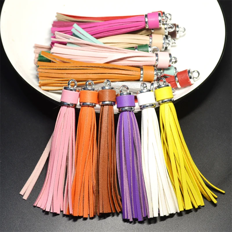 WFFNNKC 10Pcs Faux PU Leather Metal Ring Tassel Pendant DIY Decor Curtain Bag Purl Sewing Accessories Keychain Hanging Ornaments