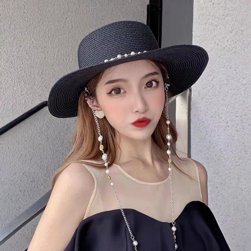 

Women Summer Straw Fashion Sun Hats Panama Elegant Straw Fedoras Lady Girl Outdoor Vacation with Pearl Chain Sunshade Beach Hat