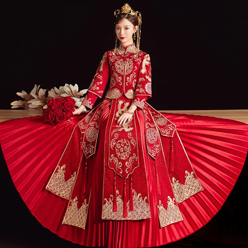 

Red Chinese Tang Costume Summer Traditional Wedding Dress Women's Ancient Standing Collar Phoenix Embroidery Hanging Robe