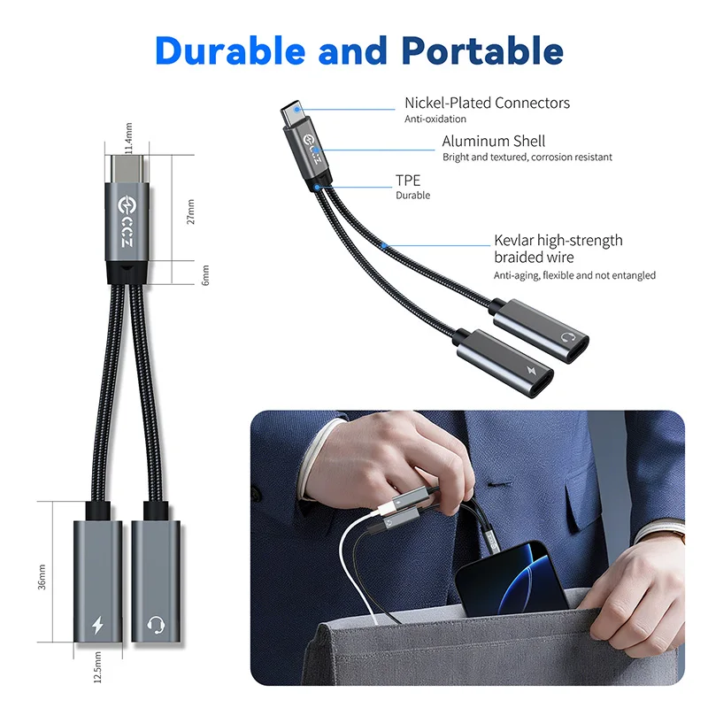 CCZ CA01 USB C to Type c Jack AUX Аудиокабель для наушников 2-в-1 Type c Адаптер для быстрой зарядки 60 Вт PD для iPhone Macbook