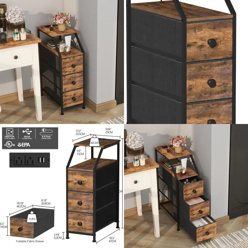 

Vertical Slim Chest with 3 Drawers for Small Spaces, Rustic Brown Nightstand with Charging Station