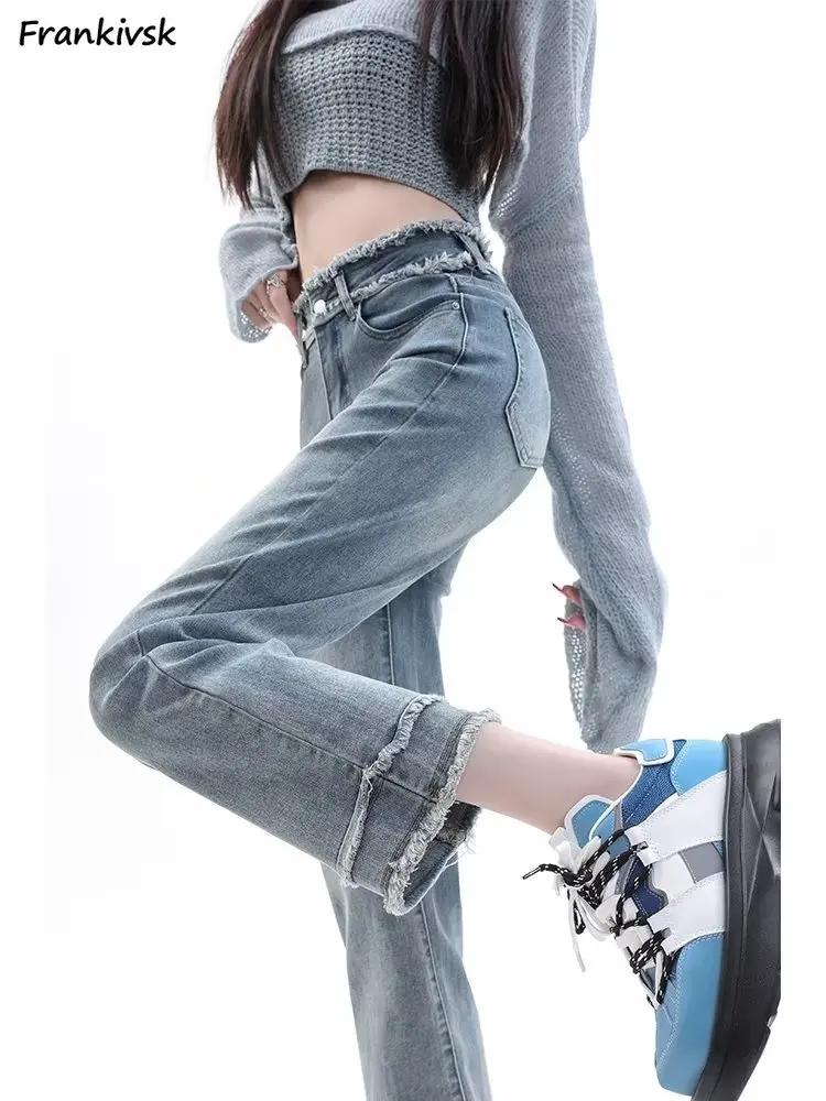 

Vintage Jeans Women Raw Edge Hotsweet High Waist Korean Commuting Style All-match Popular Washed Denim Trousers Autumn College